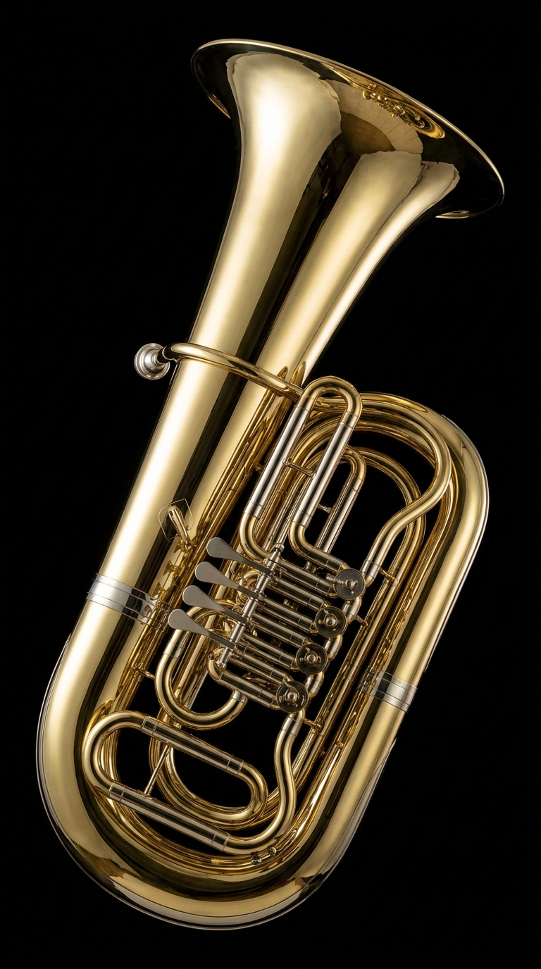 A brass tuba against black