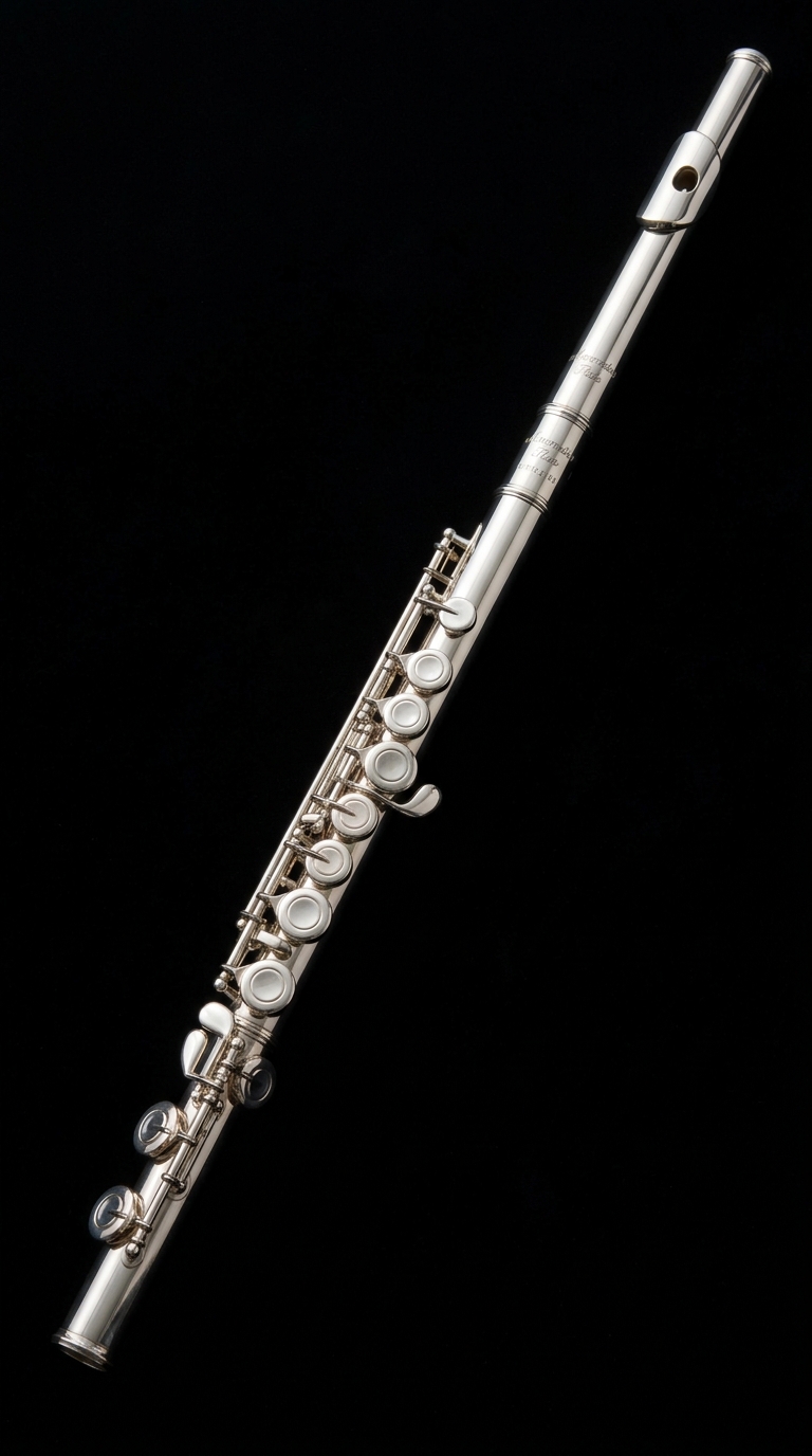 A silver flute against black