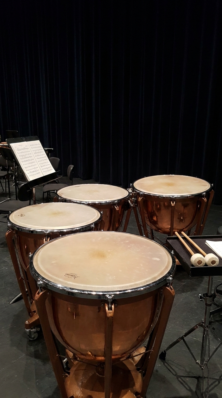 Orchestral timpani waiting on a darkened stage