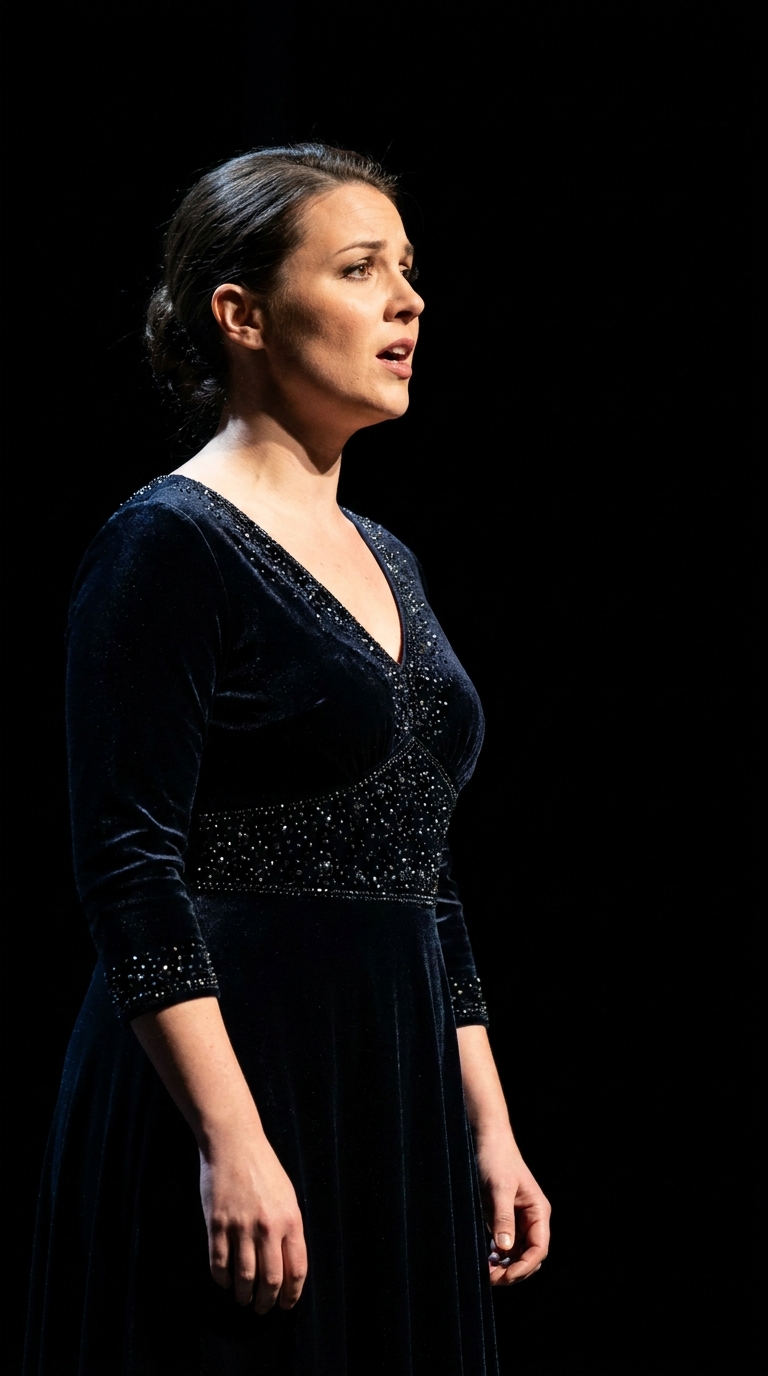 Opera singer mid-phrase on a darkened stage